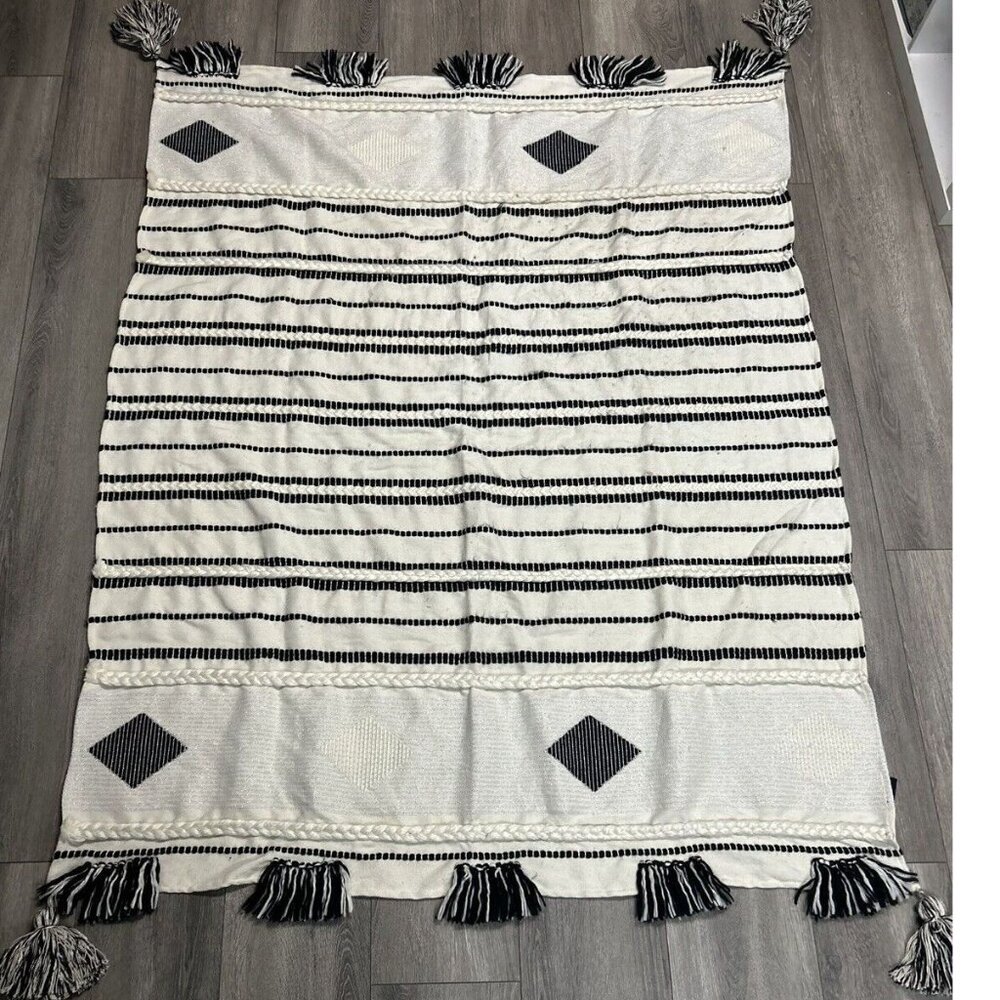 APHORISM Woven Cotton Blend Multi Textured Throw Blanket 48x60" Black & White